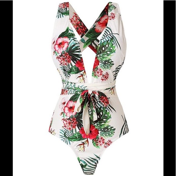 🌿🌴 Sexy Deep Plunge Tropical Print Swim Suit - Picture 4 of 6